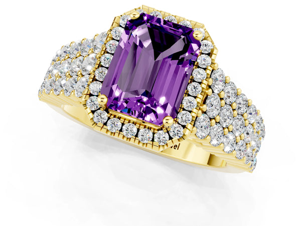 Yellow gold Emerald Cut Amethyst Halo Engagement Ring with Triple Row Round Pavé Band and Prong Setting