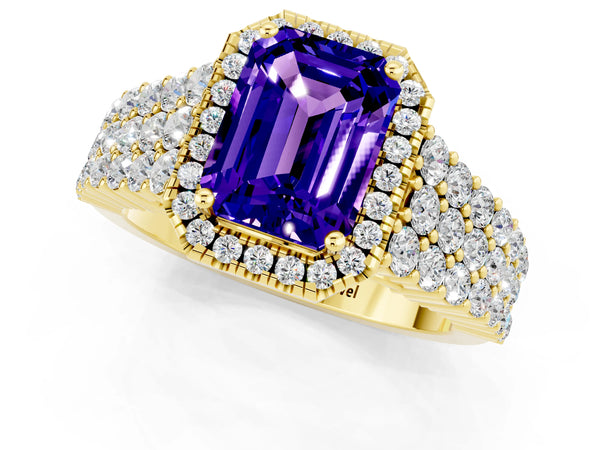Yellow gold Emerald Cut Tanzanite Halo Engagement Ring with Triple Row Round Pavé Band and Prong Setting