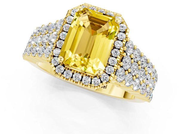 Yellow gold Emerald Cut Yellow Sapphire Halo Engagement Ring with Triple Row Round Pavé Band and Prong Setting