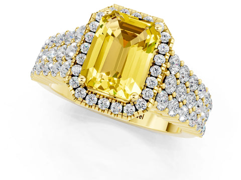Yellow gold Emerald Cut Halo Pavé Diamond Engagement Ring with Split Shank and Four-Prong Setting_1