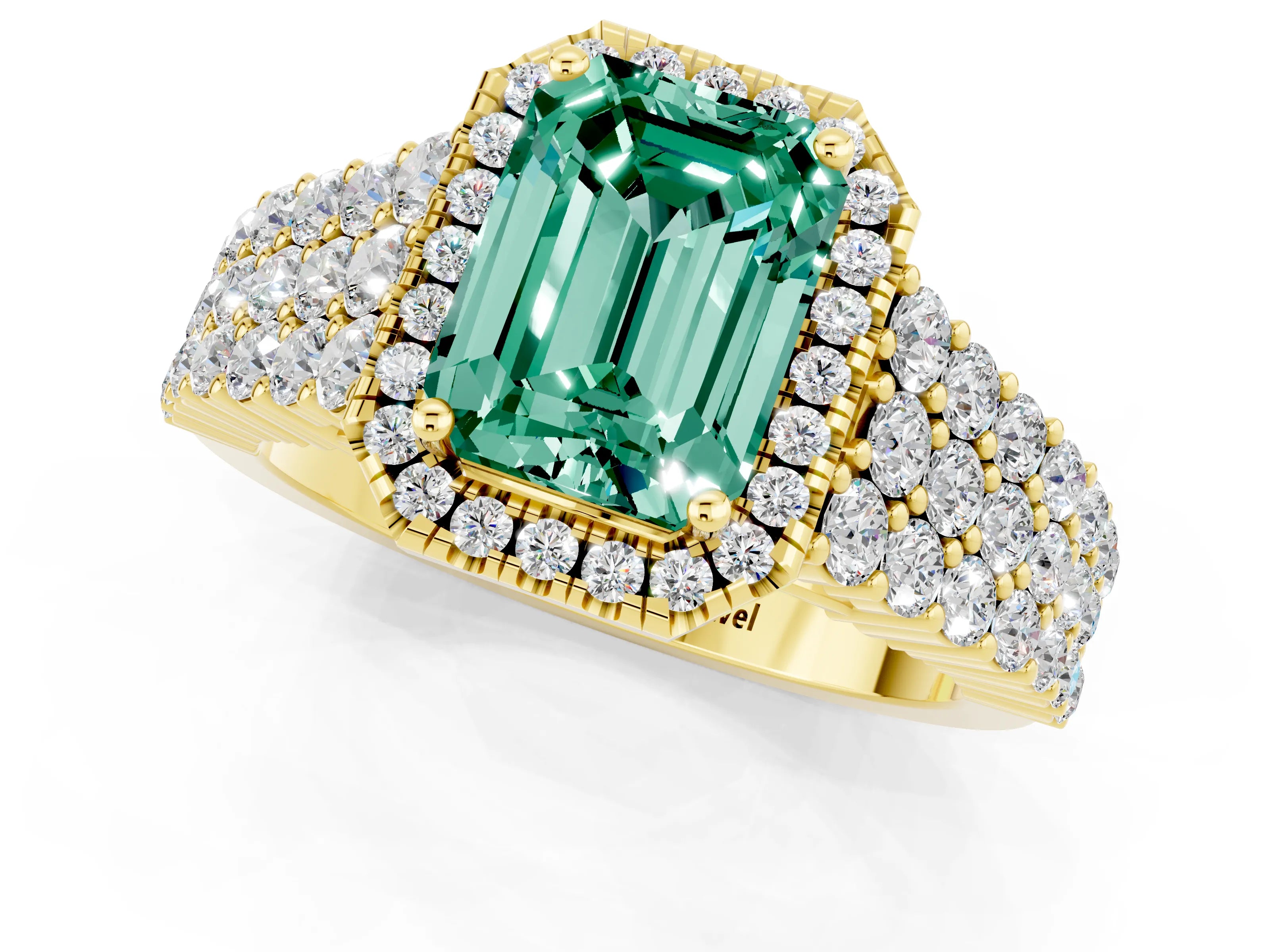 Yellow gold Emerald Cut Halo Pavé Diamond Engagement Ring with Split Shank and Four-Prong Setting_1