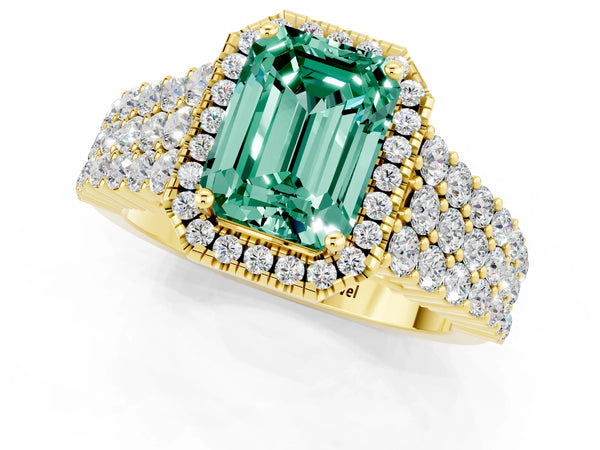 Yellow gold Emerald Cut Green Sapphire Halo Engagement Ring with Triple Row Round Pavé Band and Prong Setting