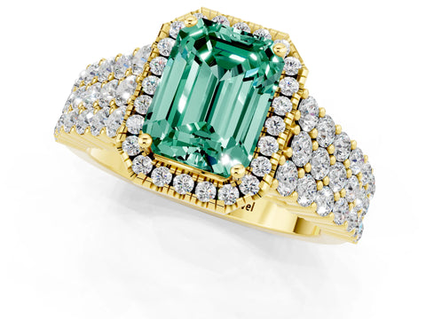 Yellow gold Emerald Cut Halo Pavé Diamond Engagement Ring with Split Shank and Four-Prong Setting_1