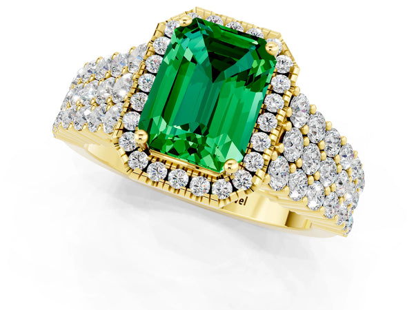 Yellow gold Emerald Cut Emerald Halo Engagement Ring with Triple Row Round Pavé Band and Prong Setting