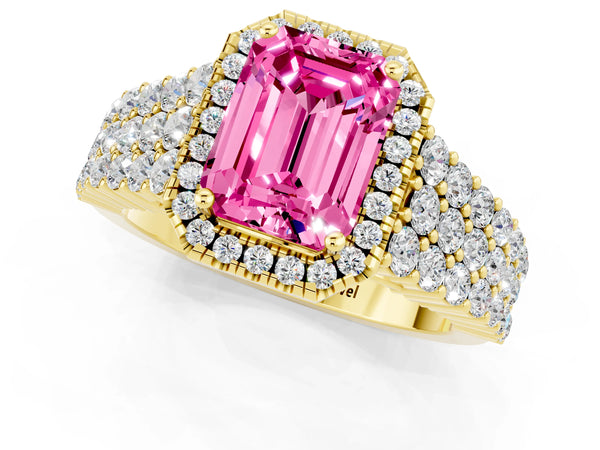 Yellow gold Emerald Cut Pink Sapphire Halo Engagement Ring with Triple Row Round Pavé Band and Prong Setting
