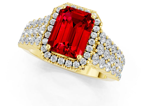 Yellow gold Emerald Cut Halo Pavé Diamond Engagement Ring with Split Shank and Four-Prong Setting_1