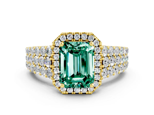 Yellow gold Emerald Cut Green Sapphire Halo Engagement Ring with Triple Row Round Pavé Band and Prong Setting