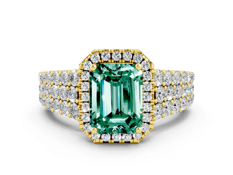 Yellow gold Emerald Cut Halo Pavé Diamond Engagement Ring with Split Shank and Four-Prong Setting