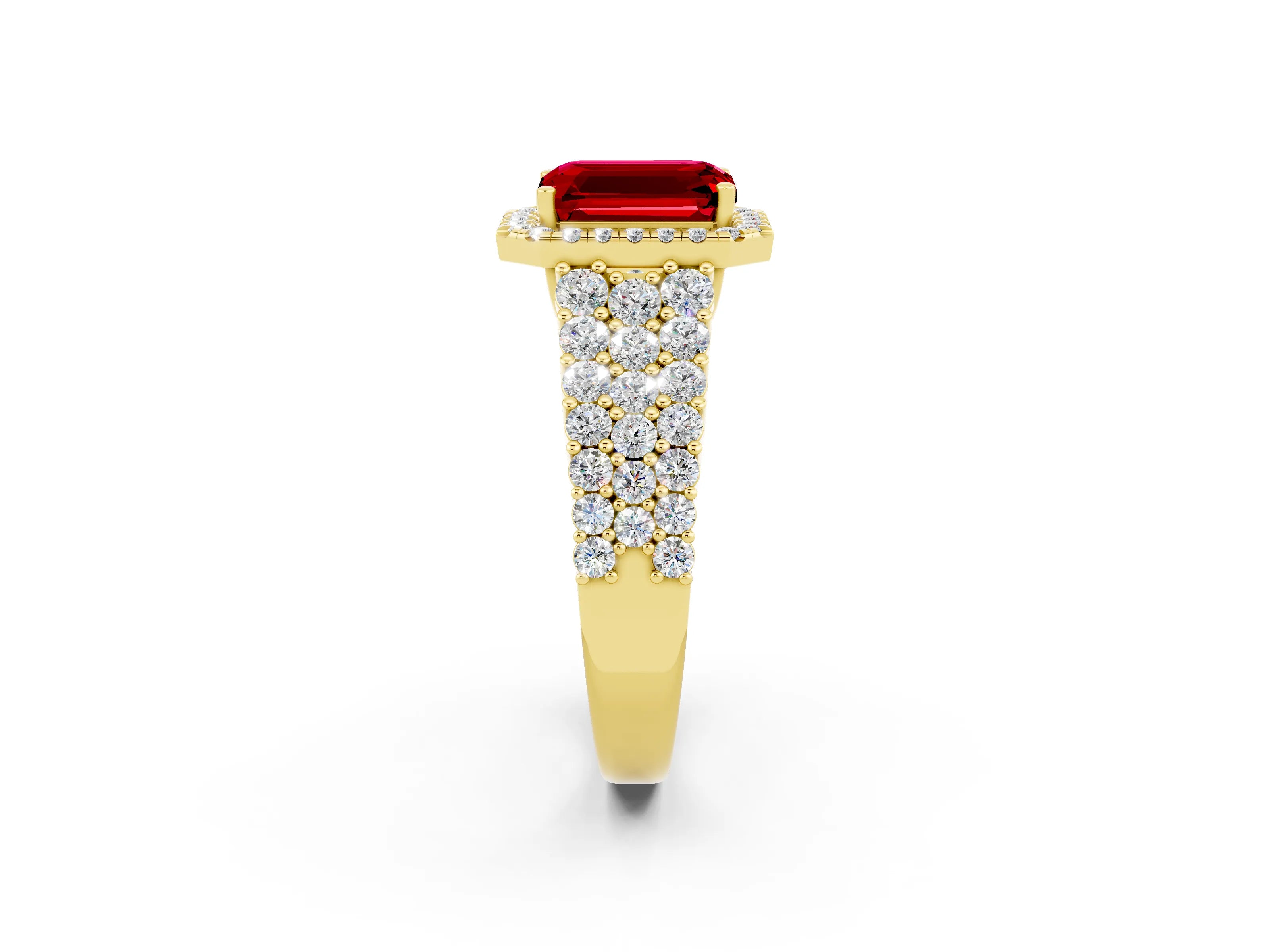 Yellow gold Emerald Cut Halo Pavé Diamond Engagement Ring with Split Shank and Four-Prong Setting_2