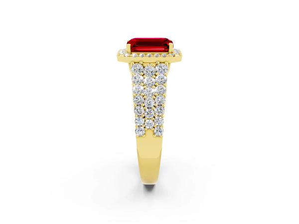 Yellow gold Emerald Cut Halo Pavé Diamond Engagement Ring with Split Shank and Four-Prong Setting