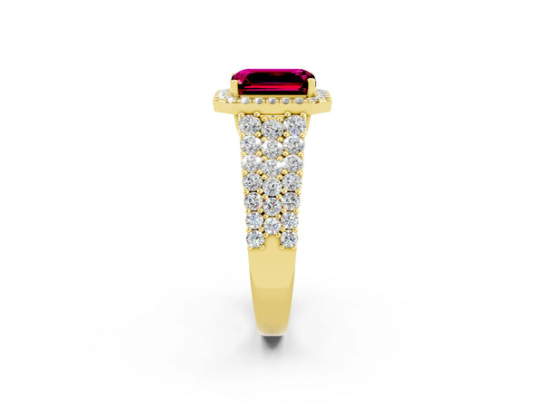Yellow gold Emerald Cut Garnet Halo Engagement Ring with Triple Row Round Pavé Band and Prong Setting