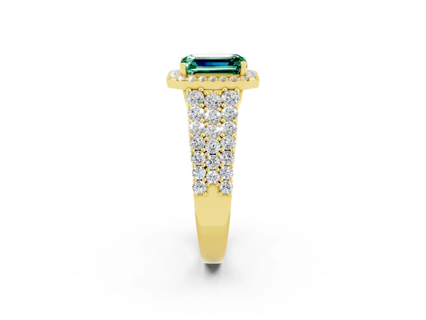 Yellow gold Emerald Cut Green Sapphire Halo Engagement Ring with Triple Row Round Pavé Band and Prong Setting