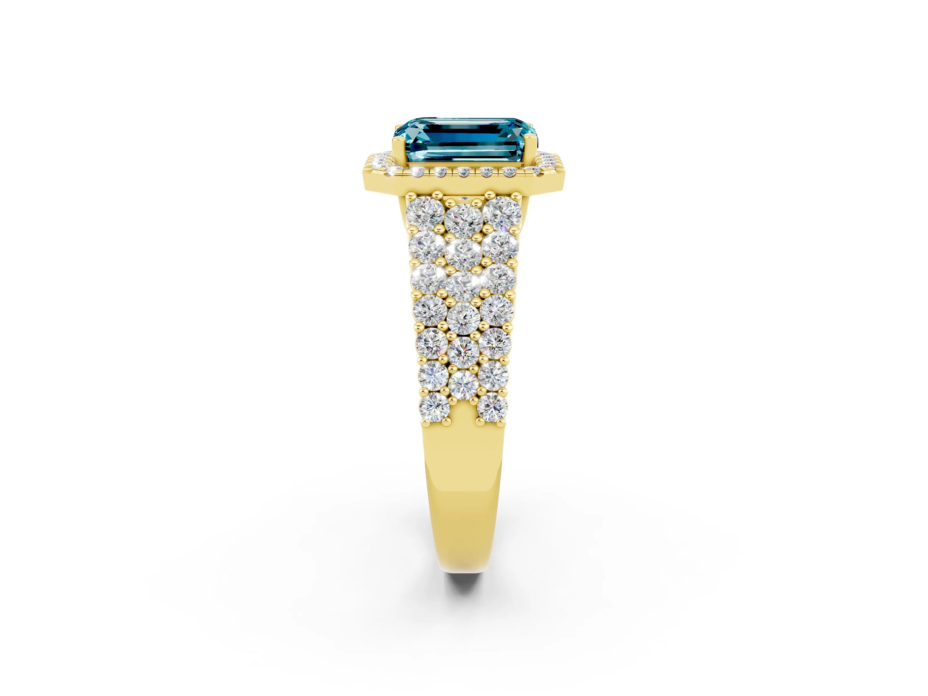 Yellow gold Emerald Cut Halo Pavé Diamond Engagement Ring with Split Shank and Four-Prong Setting_2