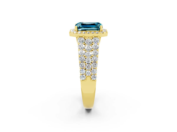 Yellow gold Emerald Cut Halo Pavé Diamond Engagement Ring with Split Shank and Four-Prong Setting