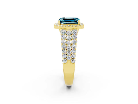 Yellow gold Emerald Cut Halo Pavé Diamond Engagement Ring with Split Shank and Four-Prong Setting_2