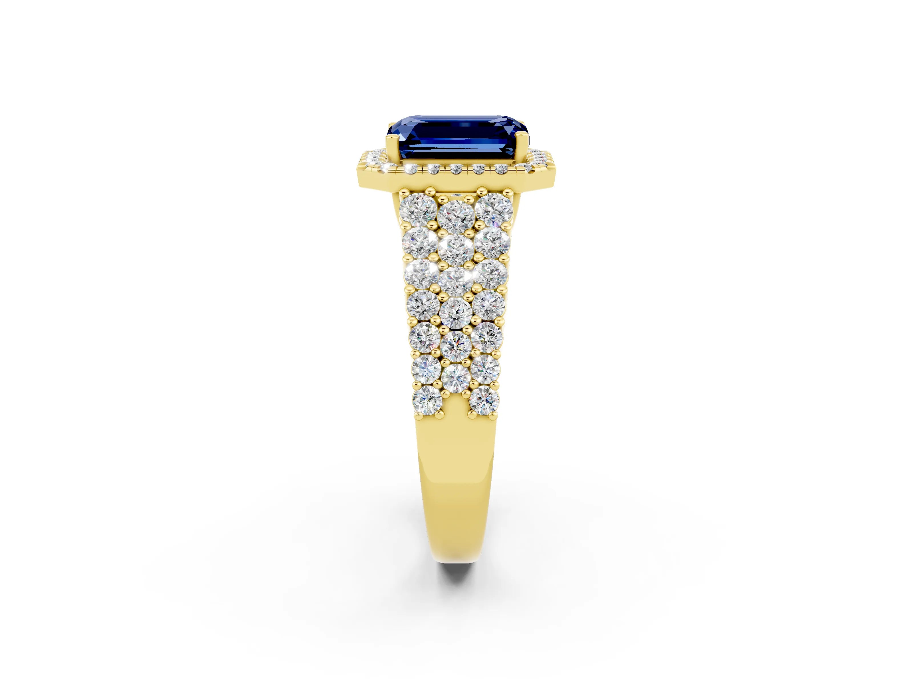 Yellow gold Emerald Cut Halo Pavé Diamond Engagement Ring with Split Shank and Four-Prong Setting_2