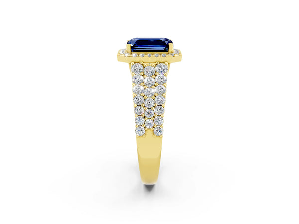 Yellow gold Emerald Cut Blue Sapphire Halo Engagement Ring with Triple Row Round Pavé Band and Prong Setting