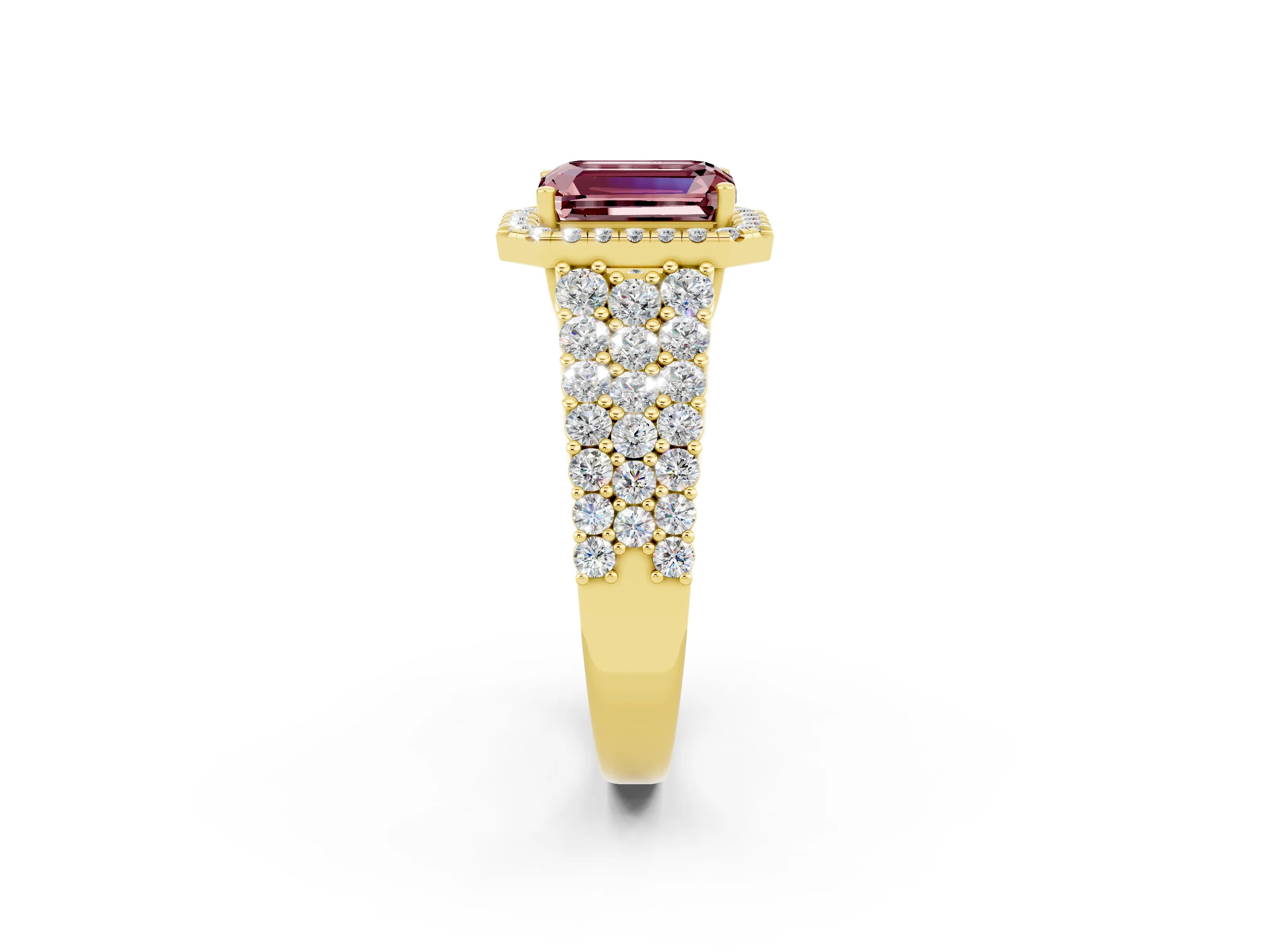 Yellow gold Emerald Cut Halo Pavé Diamond Engagement Ring with Split Shank and Four-Prong Setting_2