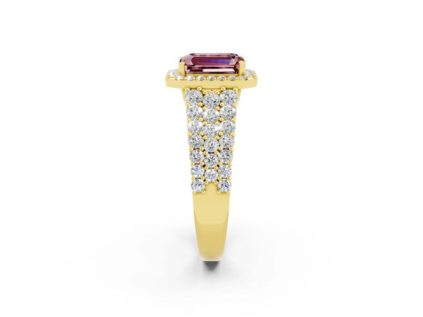 Yellow gold Emerald Cut Halo Pavé Diamond Engagement Ring with Split Shank and Four-Prong Setting