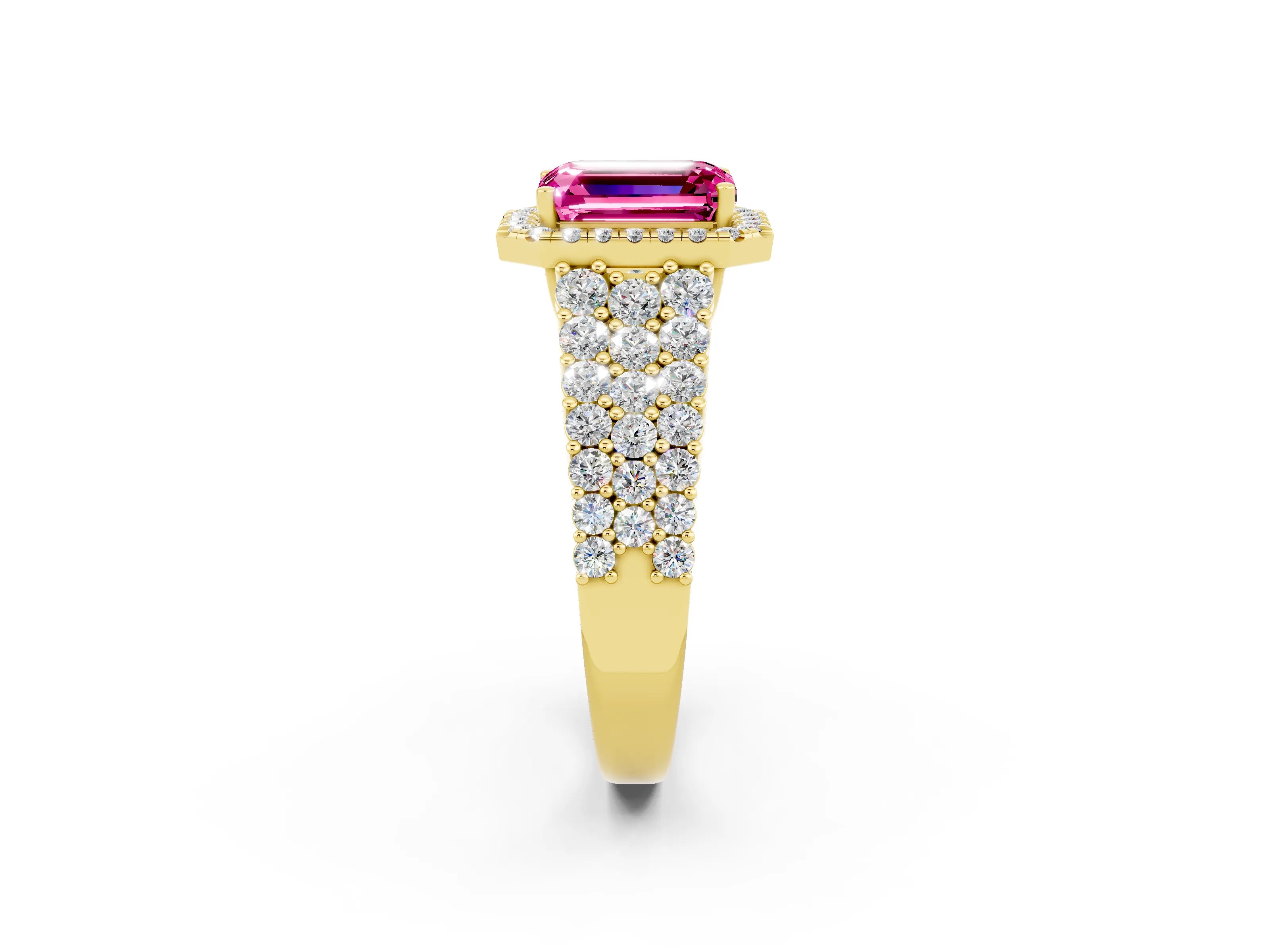 Yellow gold Emerald Cut Halo Pavé Diamond Engagement Ring with Split Shank and Four-Prong Setting_2
