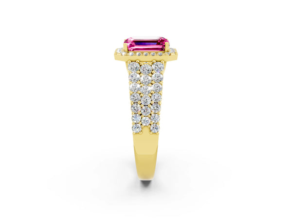 Yellow gold Emerald Cut Pink Sapphire Halo Engagement Ring with Triple Row Round Pavé Band and Prong Setting