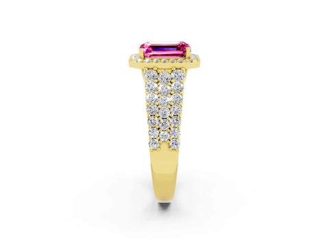 Yellow gold Emerald Cut Halo Pavé Diamond Engagement Ring with Split Shank and Four-Prong Setting_2