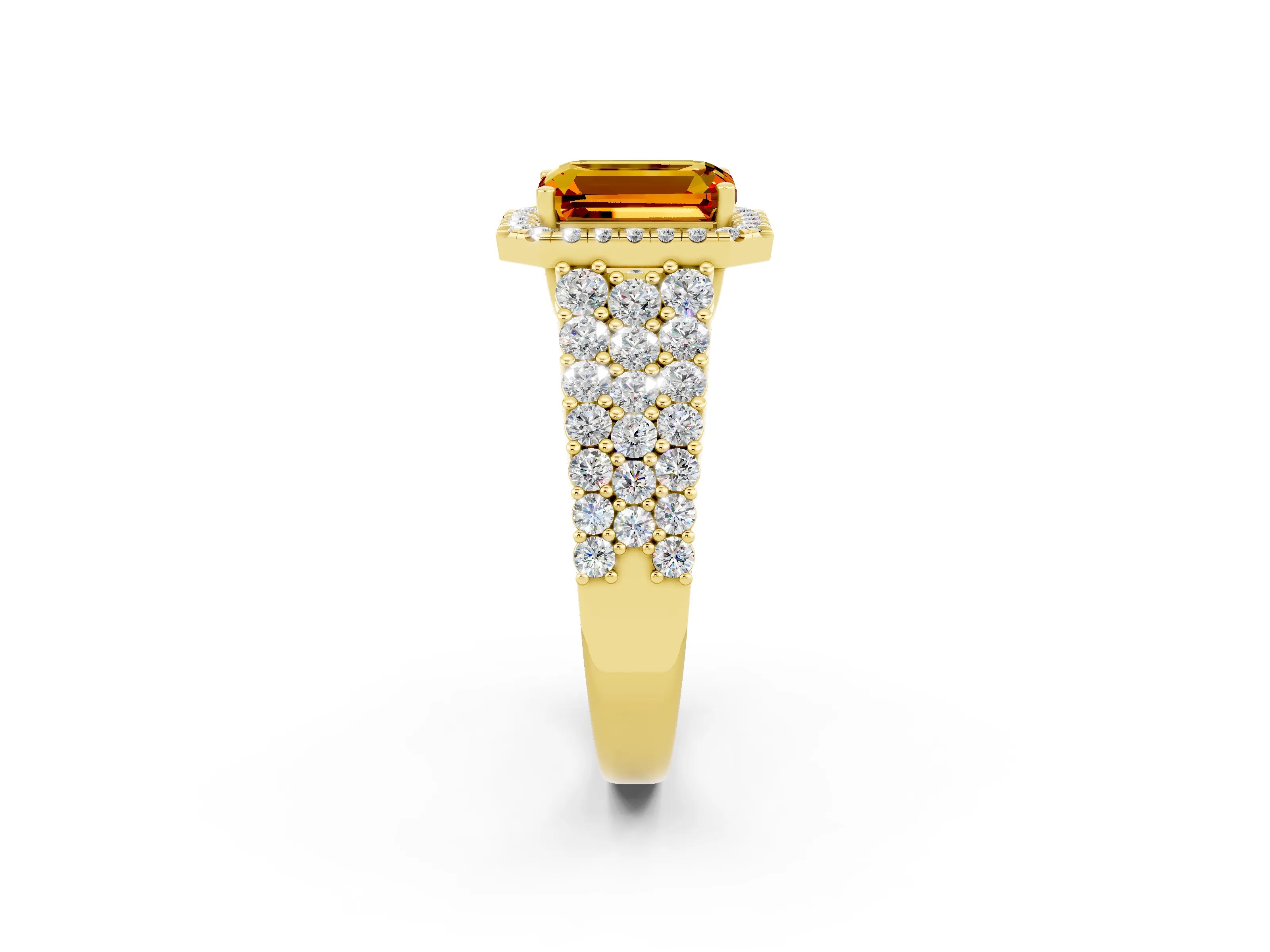 Yellow gold Emerald Cut Halo Pavé Diamond Engagement Ring with Split Shank and Four-Prong Setting_2