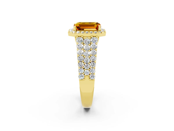 Yellow gold Emerald Cut Citrine Halo Engagement Ring with Triple Row Round Pavé Band and Prong Setting