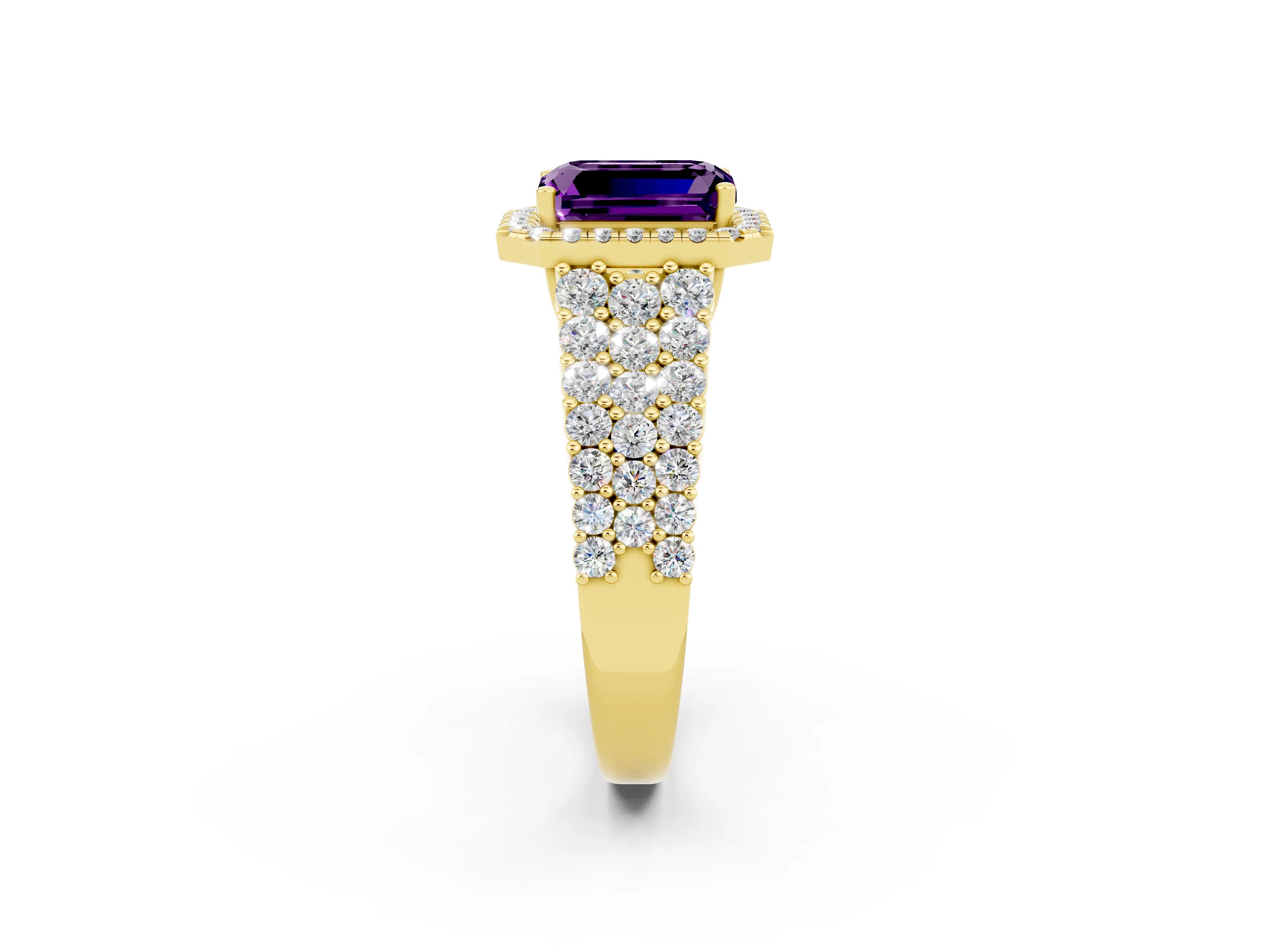 Yellow gold Emerald Cut Halo Pavé Diamond Engagement Ring with Split Shank and Four-Prong Setting_2
