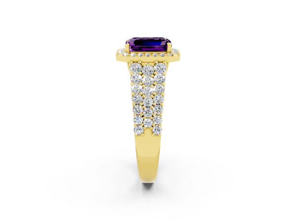 Yellow gold Emerald Cut Amethyst Halo Engagement Ring with Triple Row Round Pavé Band and Prong Setting