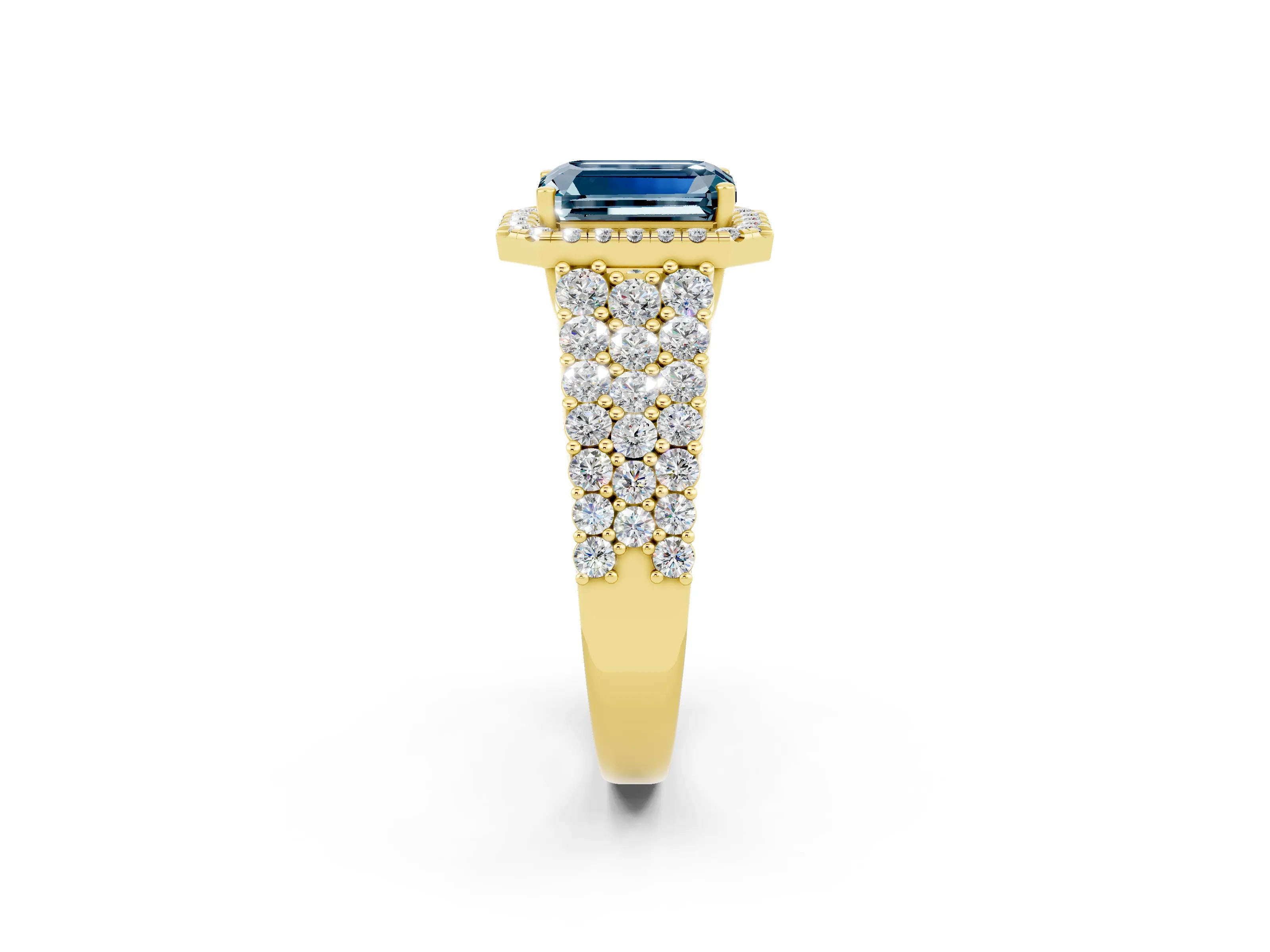 Yellow gold Emerald Cut Halo Pavé Diamond Engagement Ring with Split Shank and Four-Prong Setting_2