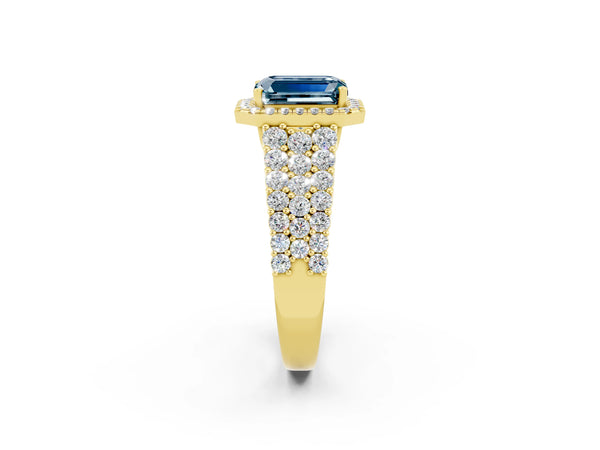 Yellow gold Emerald Cut Aquamarine Halo Engagement Ring with Triple Row Round Pavé Band and Prong Setting