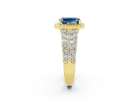 Yellow gold Emerald Cut Halo Pavé Diamond Engagement Ring with Split Shank and Four-Prong Setting_2