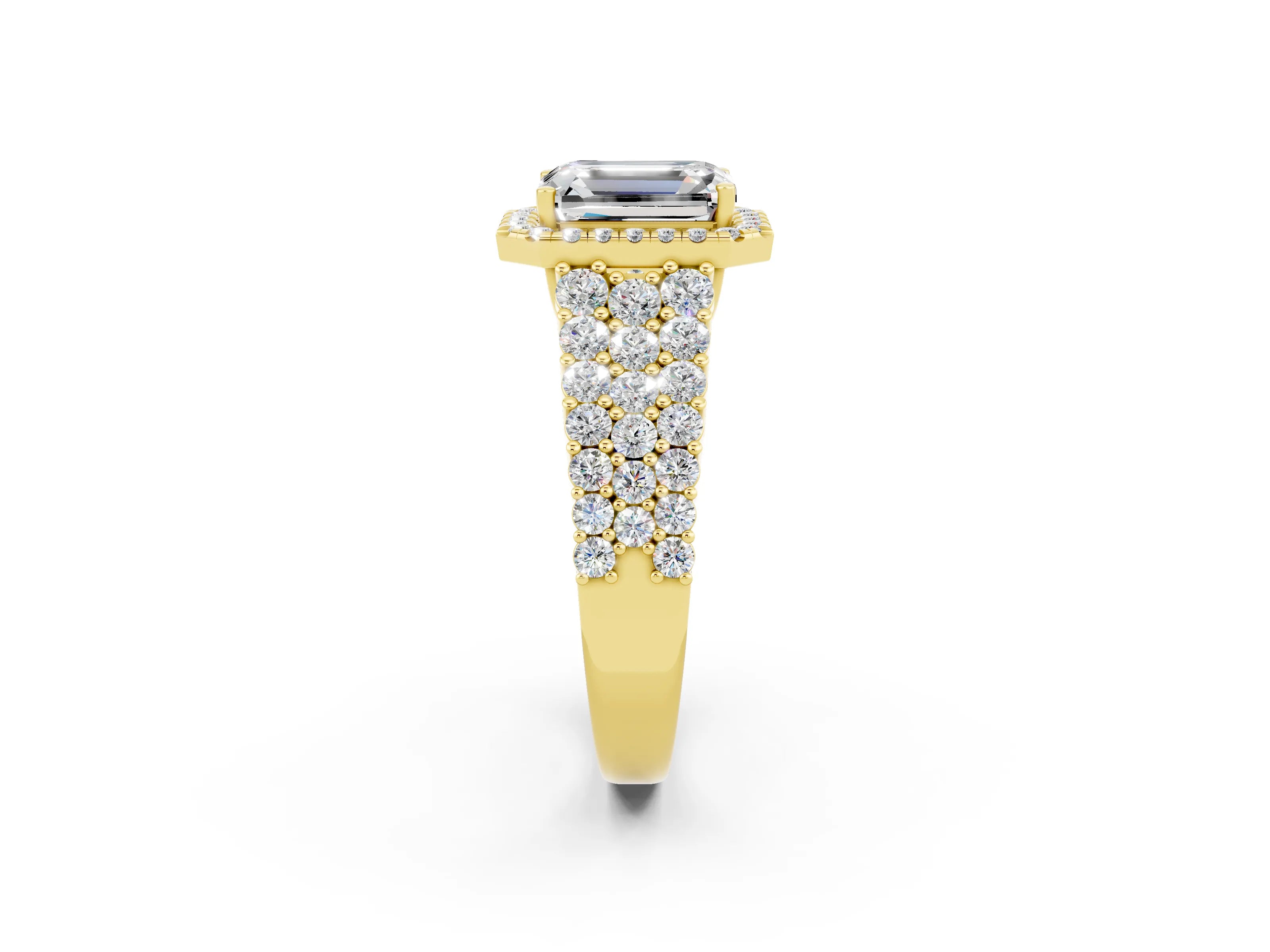 Yellow gold Emerald Cut Halo Pavé Diamond Engagement Ring with Split Shank and Four-Prong Setting_2