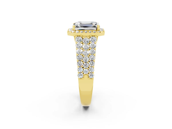 Yellow gold Emerald Cut Moissanite Halo Engagement Ring with Triple Row Round Pavé Band and Prong Setting