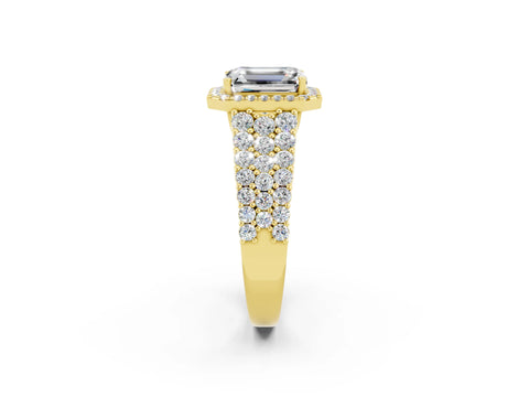 Yellow gold Emerald Cut Halo Pavé Diamond Engagement Ring with Split Shank and Four-Prong Setting_2