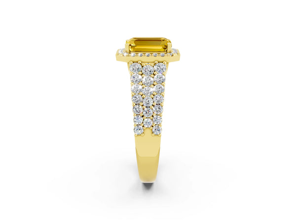Yellow gold Emerald Cut Yellow Sapphire Halo Engagement Ring with Triple Row Round Pavé Band and Prong Setting