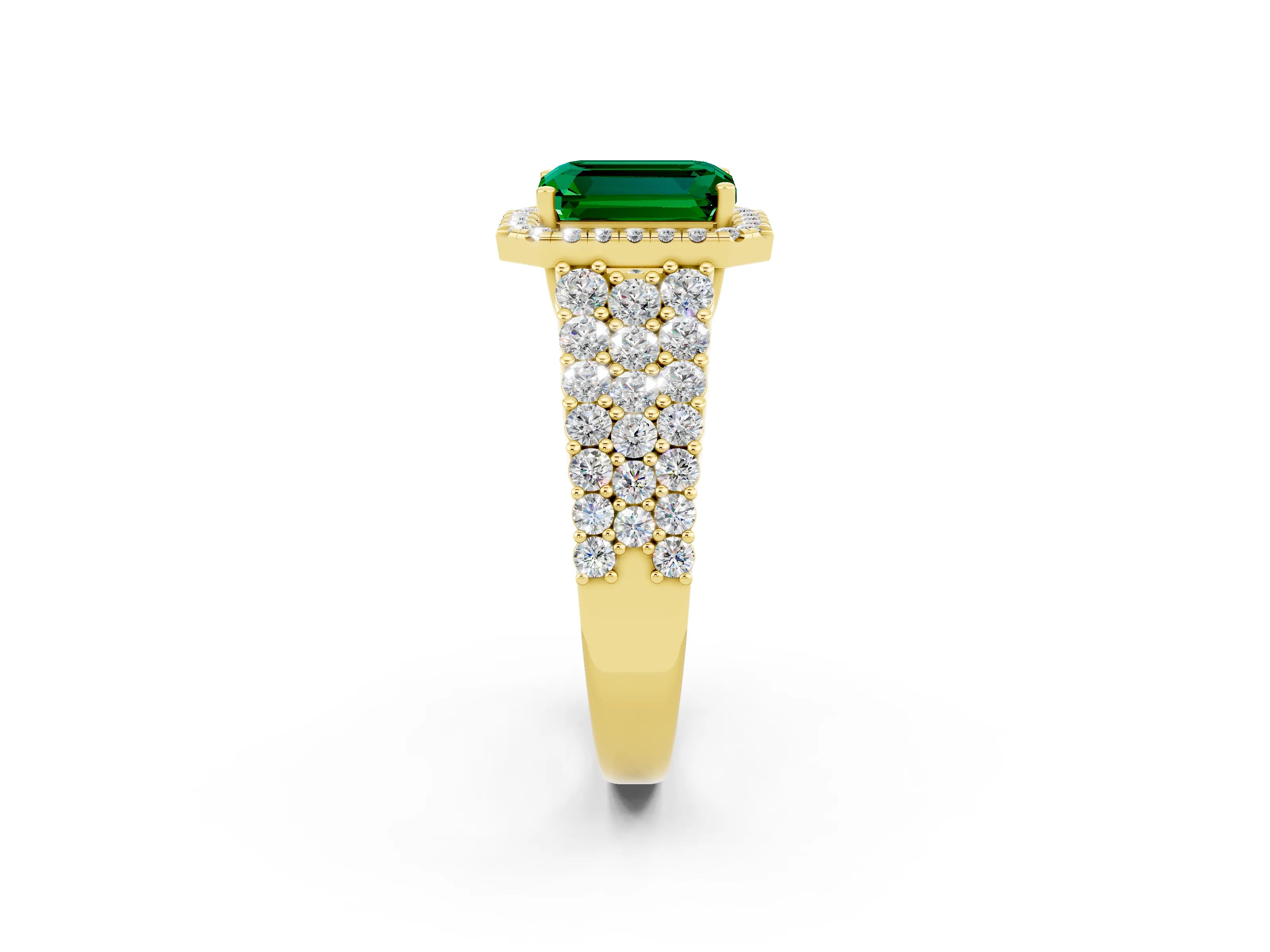 Yellow gold Emerald Cut Halo Pavé Diamond Engagement Ring with Split Shank and Four-Prong Setting_2