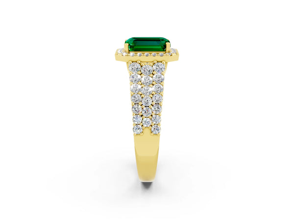 Yellow gold Emerald Cut Emerald Halo Engagement Ring with Triple Row Round Pavé Band and Prong Setting