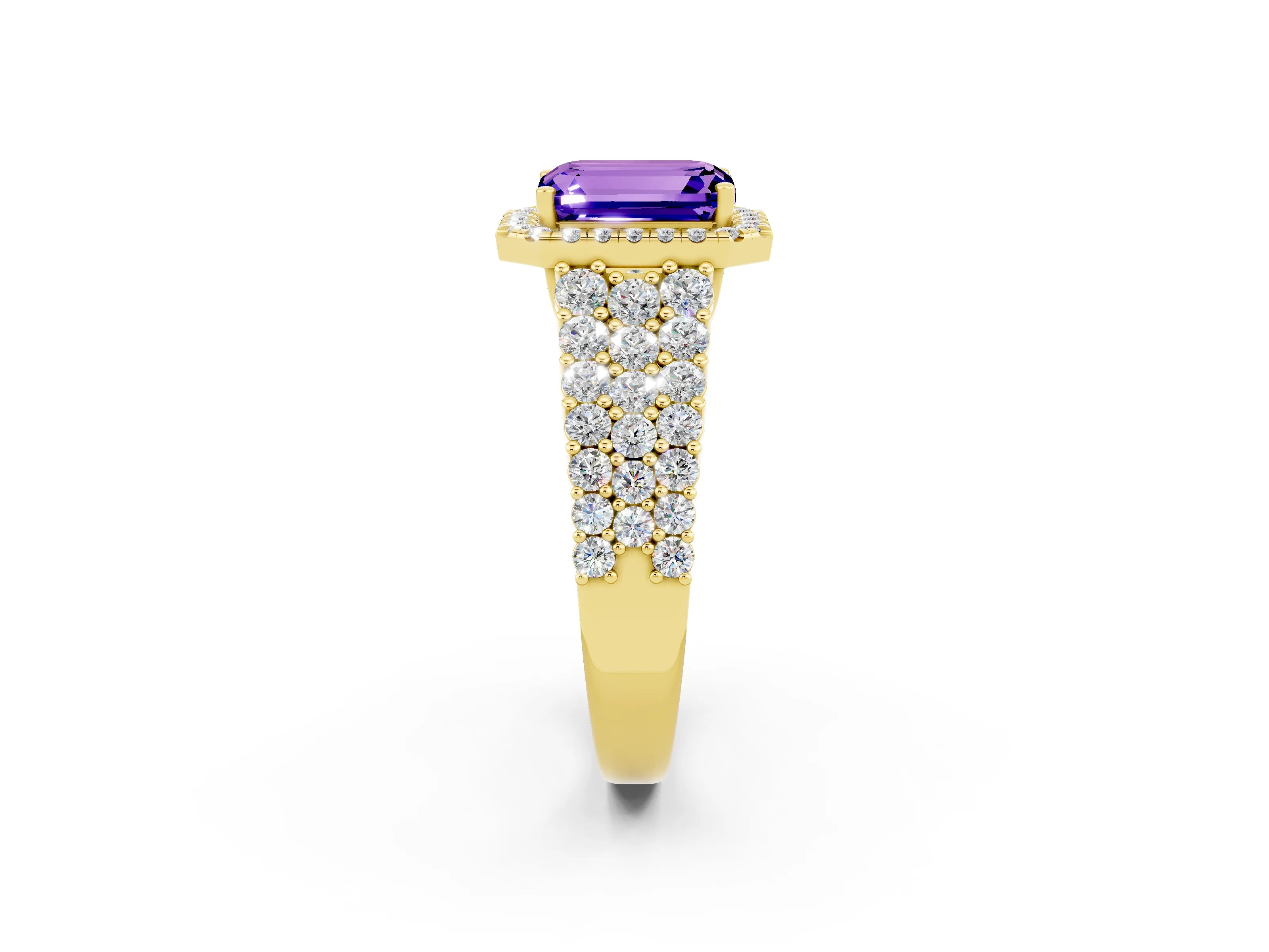 Yellow gold Emerald Cut Halo Pavé Diamond Engagement Ring with Split Shank and Four-Prong Setting_2