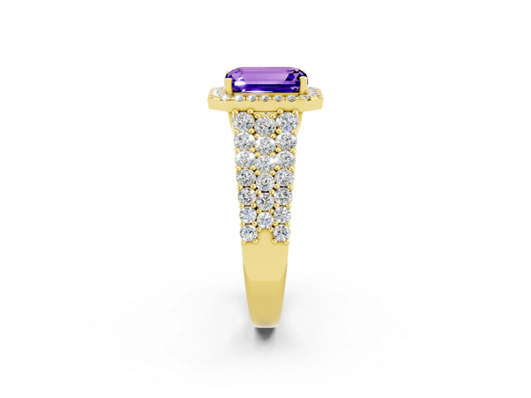 Yellow gold Emerald Cut Tanzanite Halo Engagement Ring with Triple Row Round Pavé Band and Prong Setting