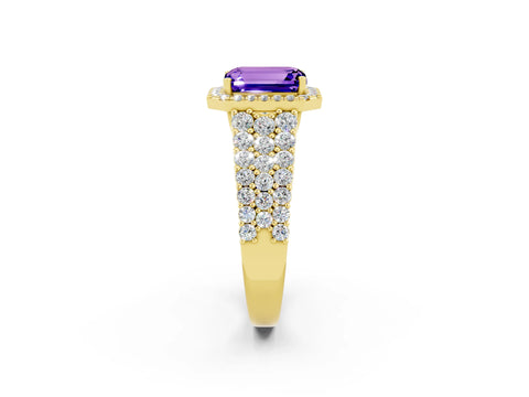 Yellow gold Emerald Cut Halo Pavé Diamond Engagement Ring with Split Shank and Four-Prong Setting_2