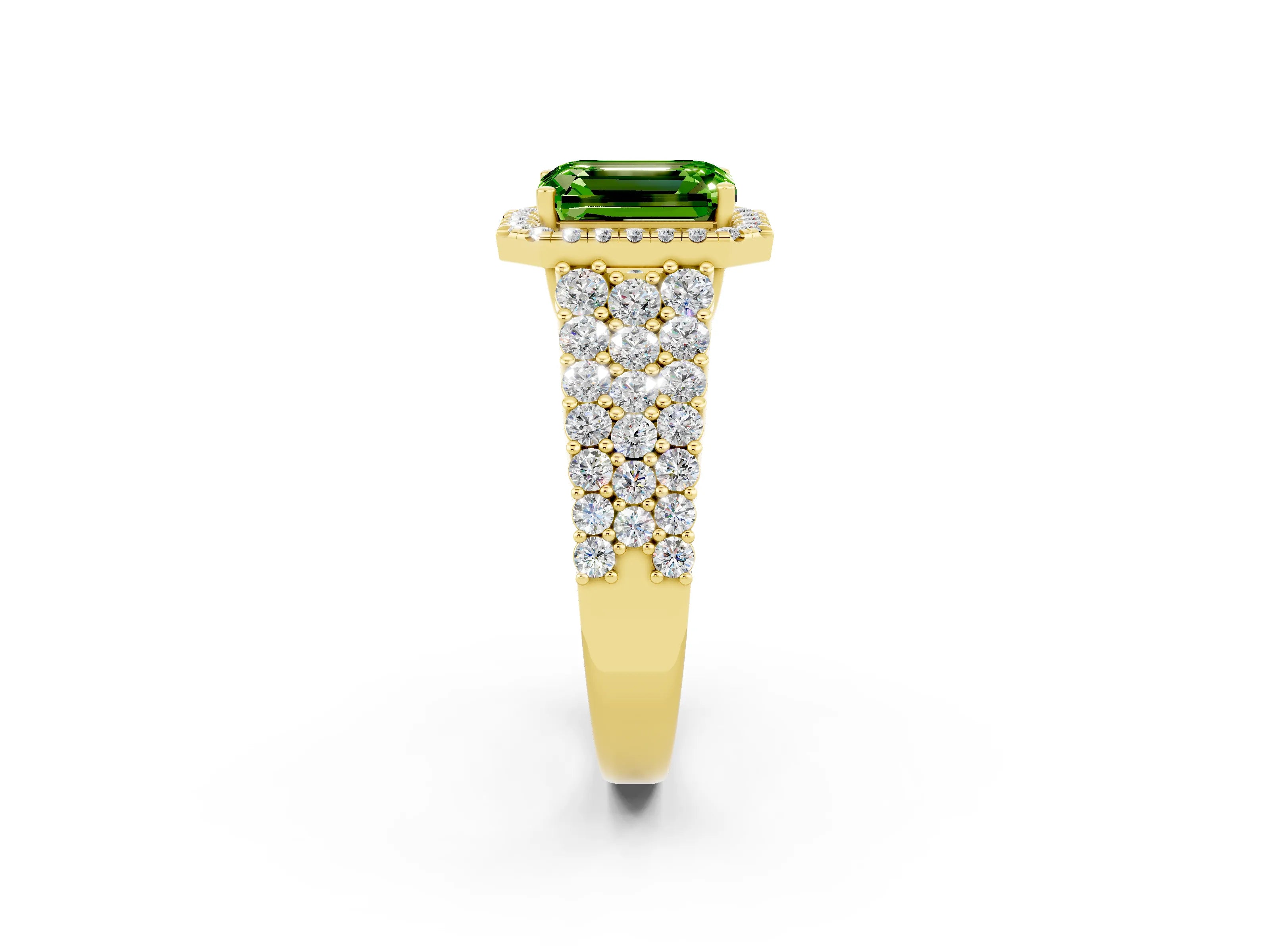 Yellow gold Emerald Cut Halo Pavé Diamond Engagement Ring with Split Shank and Four-Prong Setting_2