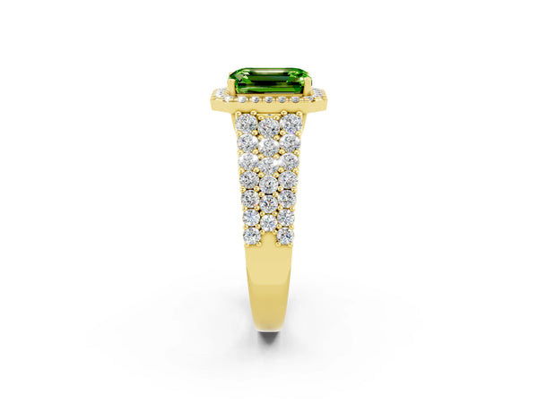 Yellow gold Emerald Cut Halo Pavé Diamond Engagement Ring with Split Shank and Four-Prong Setting