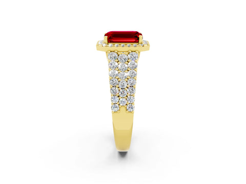 Yellow gold Emerald Cut Halo Pavé Diamond Engagement Ring with Split Shank and Four-Prong Setting_2