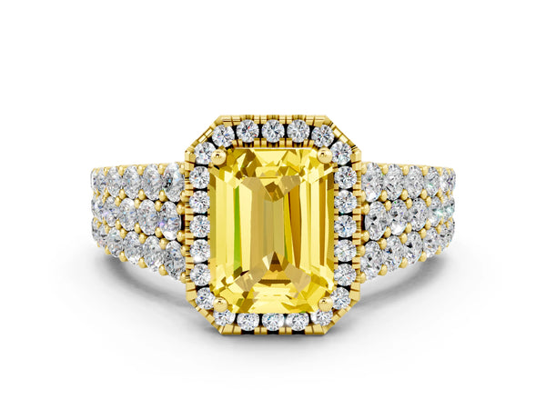 Yellow gold Emerald Cut Yellow Sapphire Halo Engagement Ring with Triple Row Round Pavé Band and Prong Setting