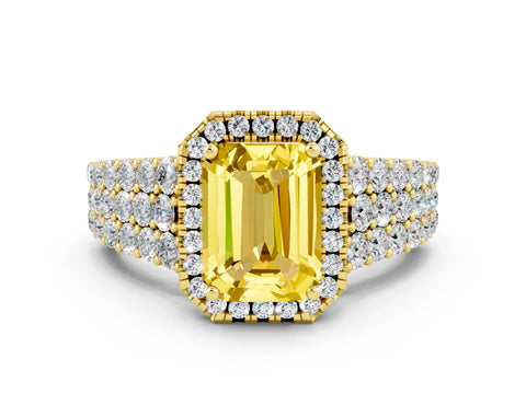 Yellow gold Emerald Cut Halo Pavé Diamond Engagement Ring with Split Shank and Four-Prong Setting