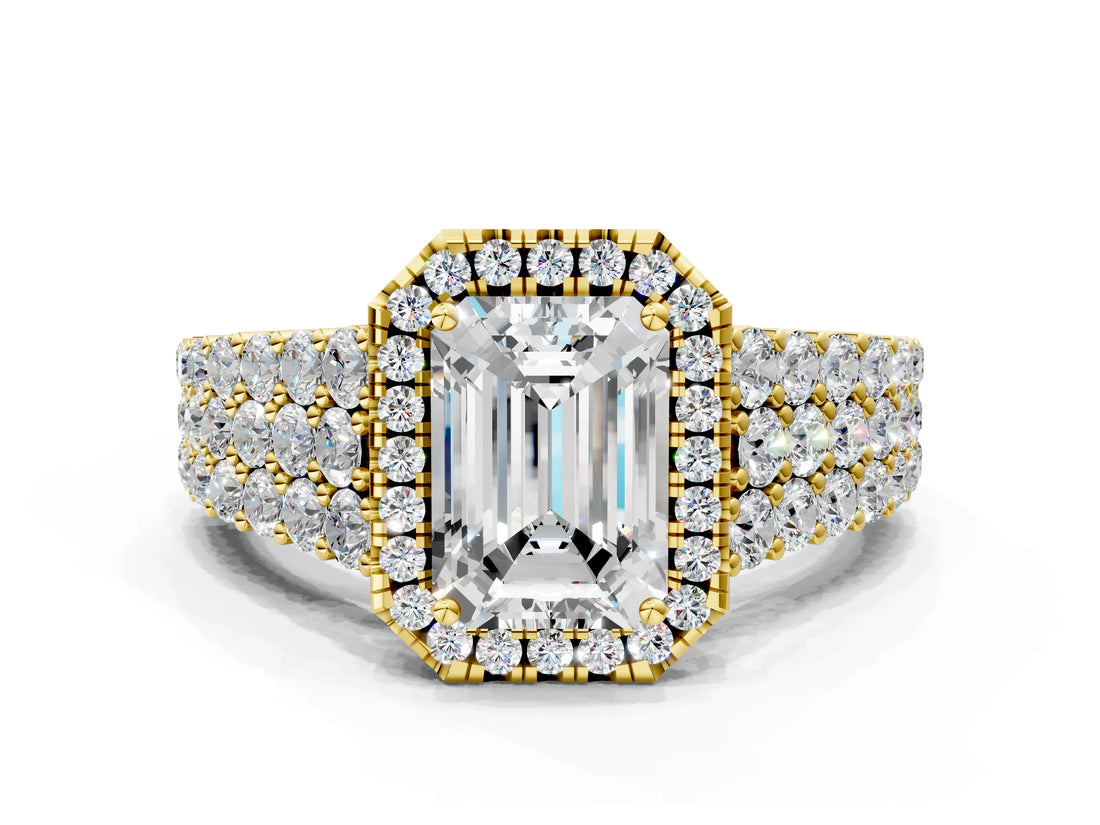 Yellow gold Emerald Cut Halo Pavé Diamond Engagement Ring with Split Shank and Four-Prong Setting_3