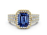 Yellow gold Emerald Cut Halo Pavé Diamond Engagement Ring with Split Shank and Four-Prong Setting