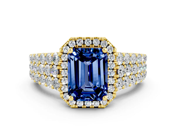 Yellow gold Emerald Cut Blue Sapphire Halo Engagement Ring with Triple Row Round Pavé Band and Prong Setting